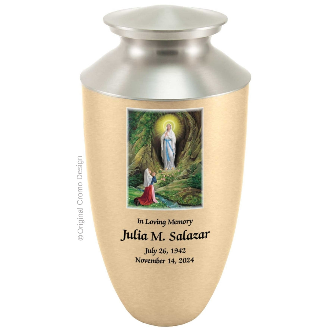 Catholic cremation urn with Our Lady of Lourdes Wood finish by Cromo NB