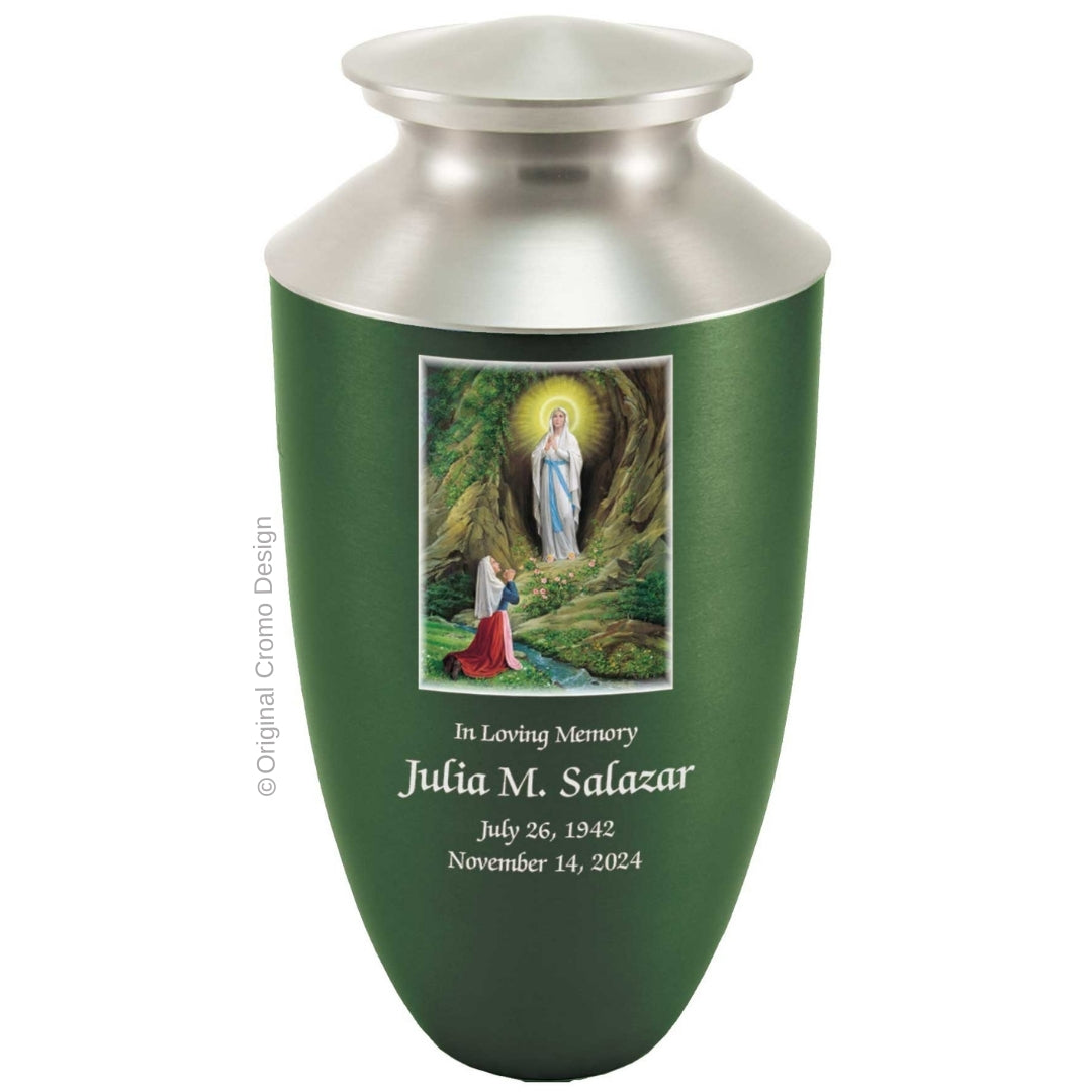 Catholic cremation urn with Our Lady of Lourdes Wood finish by Cromo NB