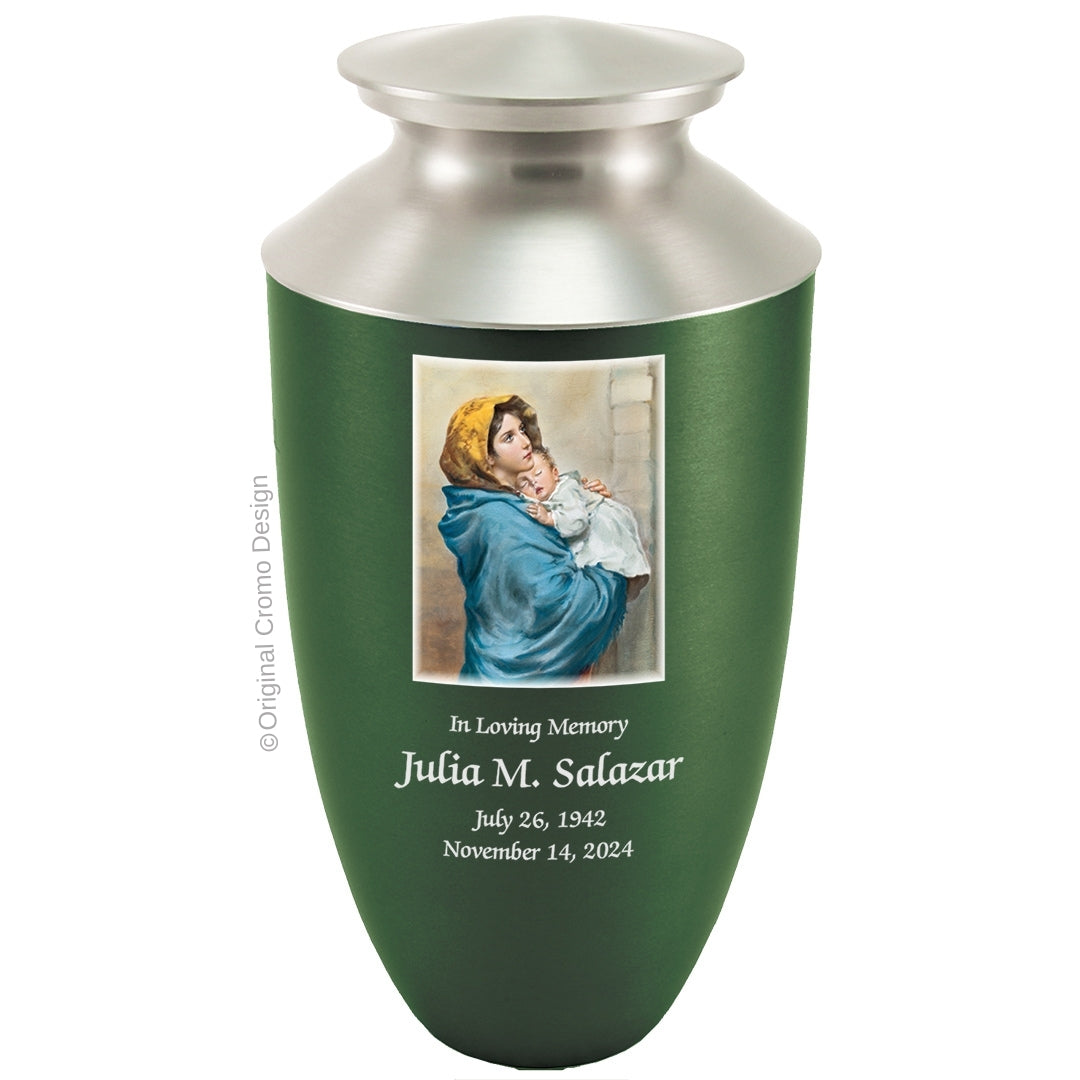 Catholic cremation urn with Madonna of The Street Wood finish by Cromo NB