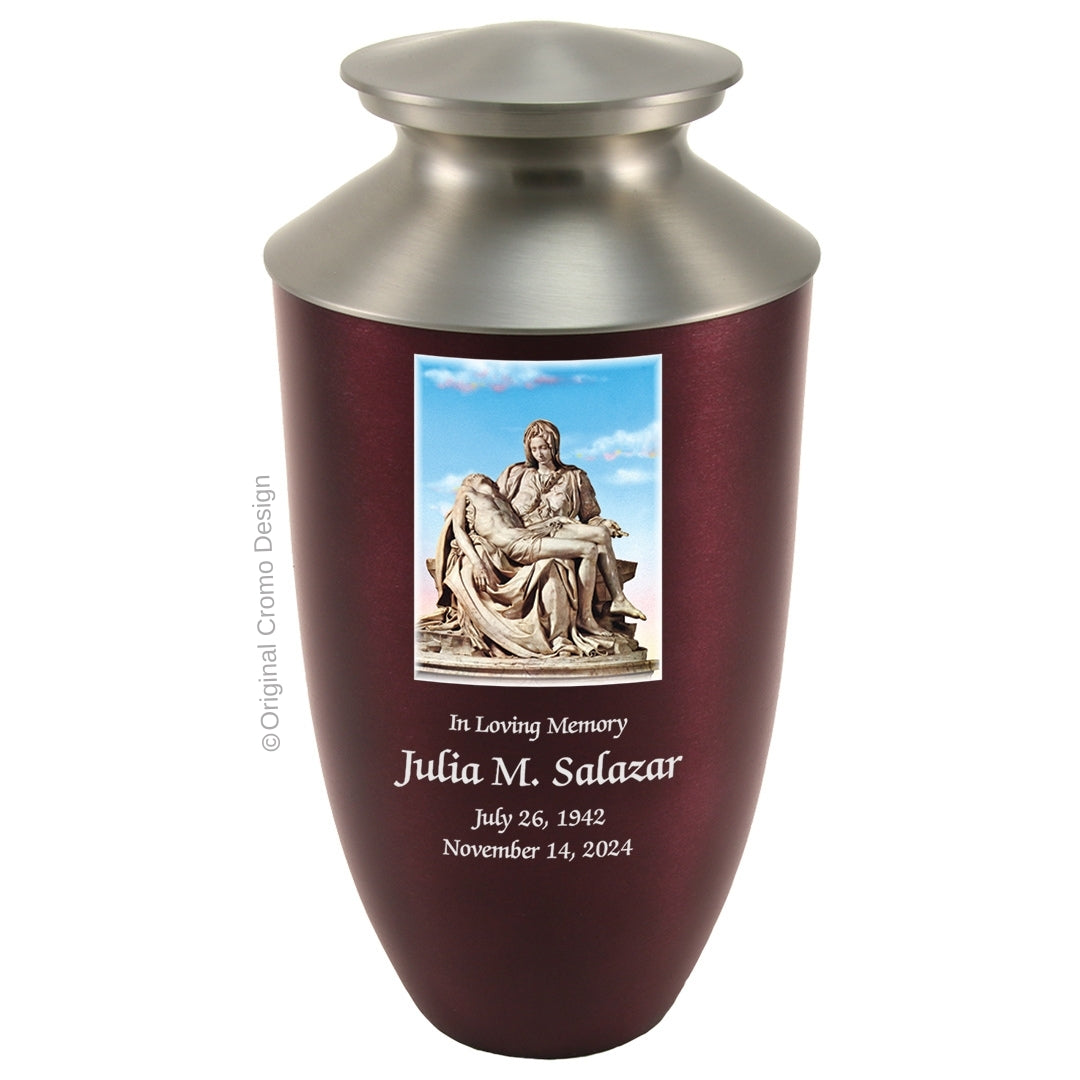 Catholic cremation urn with Pieta Michelangelo Wood finish by Cromo NB