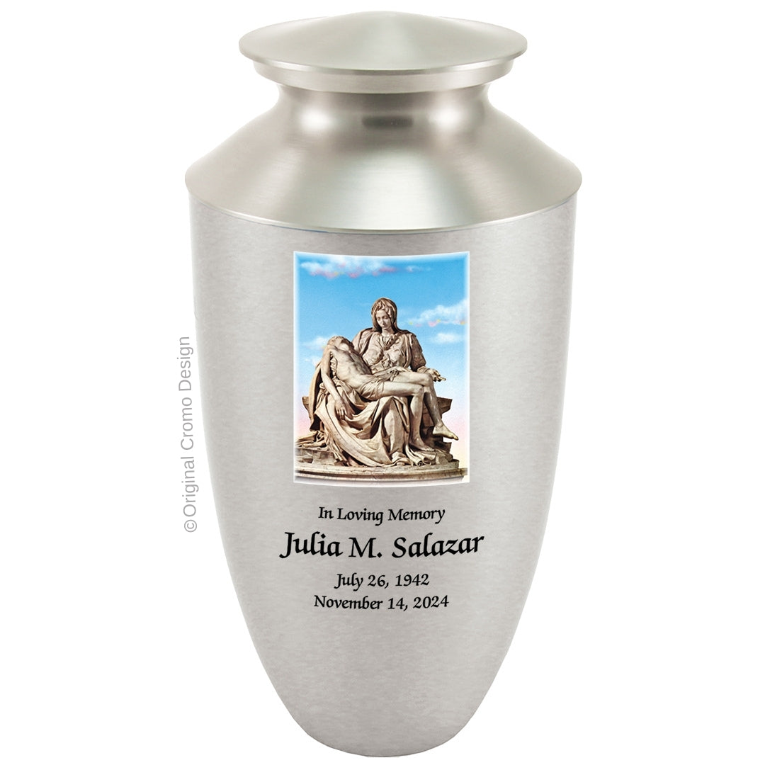 Catholic cremation urn with Madonna of The Street Wood finish by Cromo NB