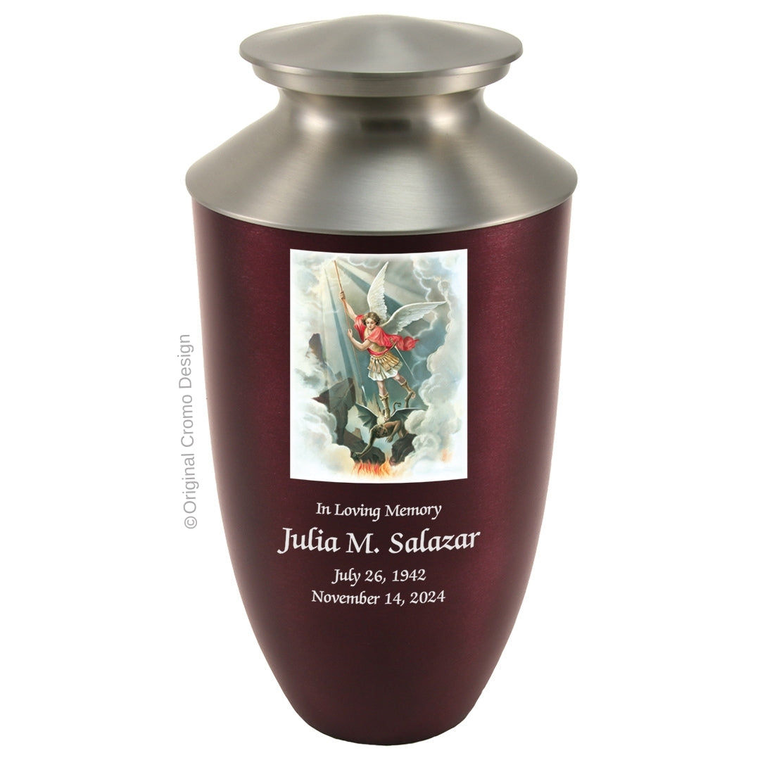 Catholic cremation urn with Saint Michael Archangel Wood finish by Cromo NB