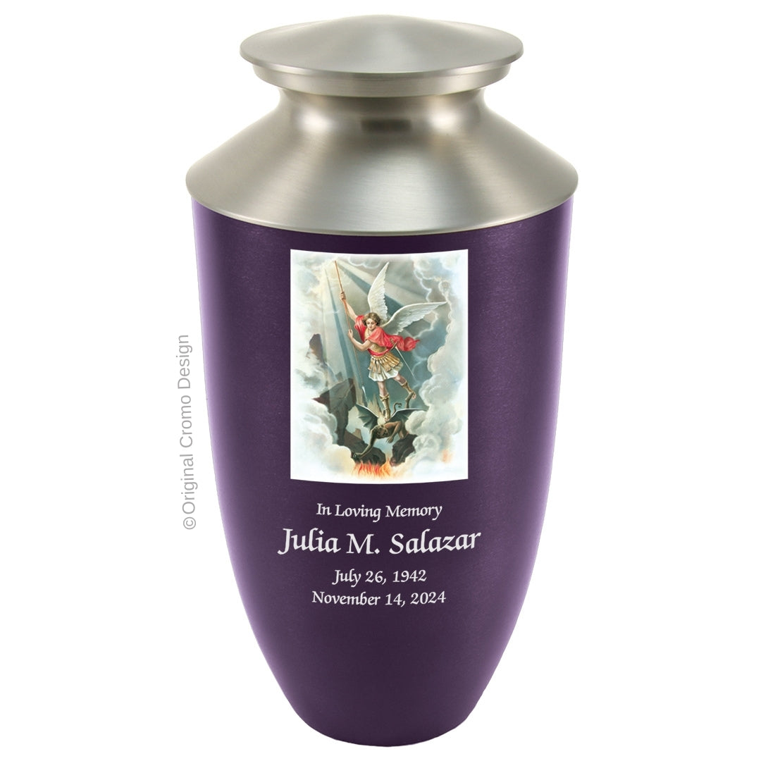 Catholic cremation urn with Saint Michael Archangel Wood finish by Cromo NB