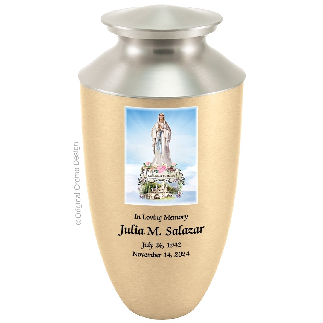 Catholic cremation urn with Our Lady of the Rosary Wood finish by Cromo NB