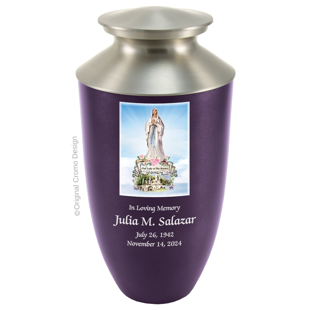 Catholic cremation urn with Our Lady of the Rosary Wood finish by Cromo NB