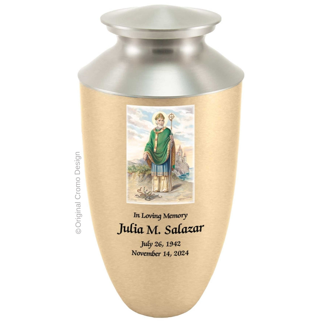 Catholic cremation urn with Saint Patrick Wood finish by Cromo NB