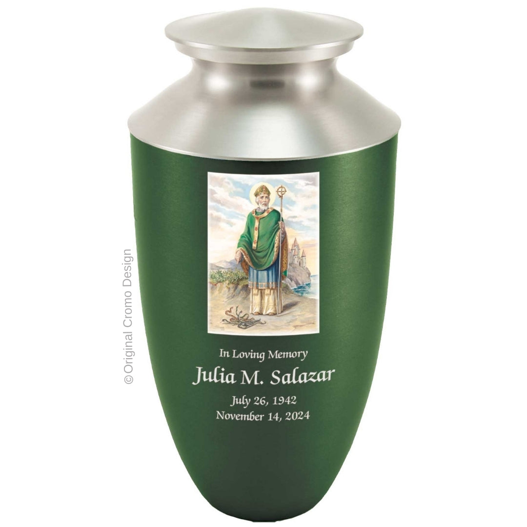 Catholic cremation urn with Saint Patrick Wood finish by Cromo NB