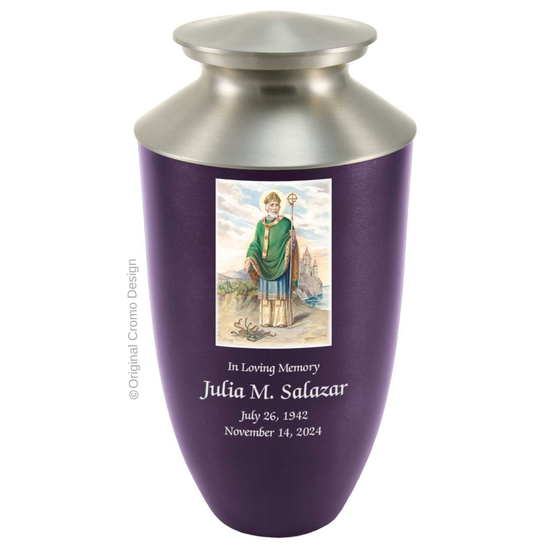 Catholic cremation urn with Saint Patrick Wood finish by Cromo NB
