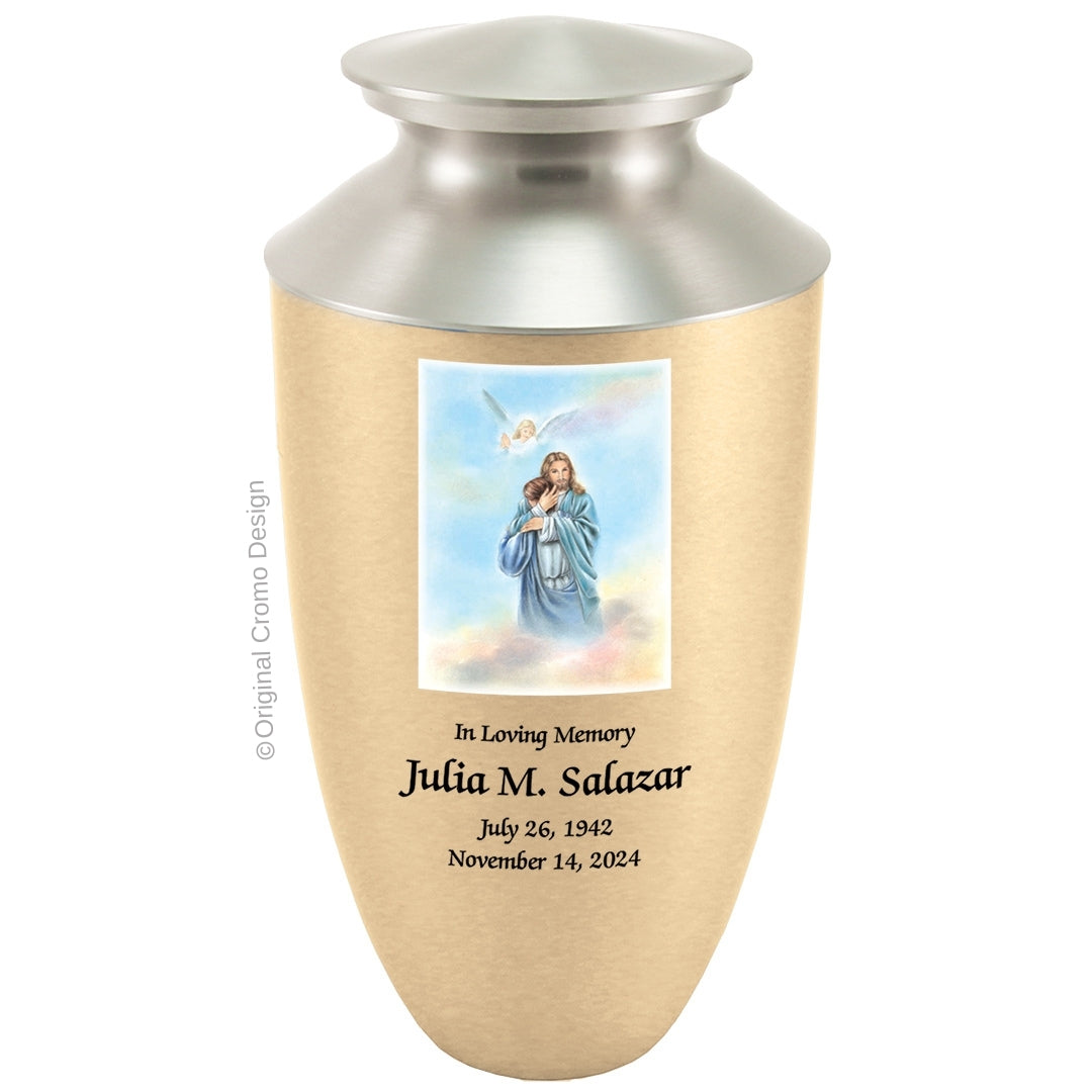 Catholic cremation urn with Paradise Jesus Hugging Wood finish by Cromo NB