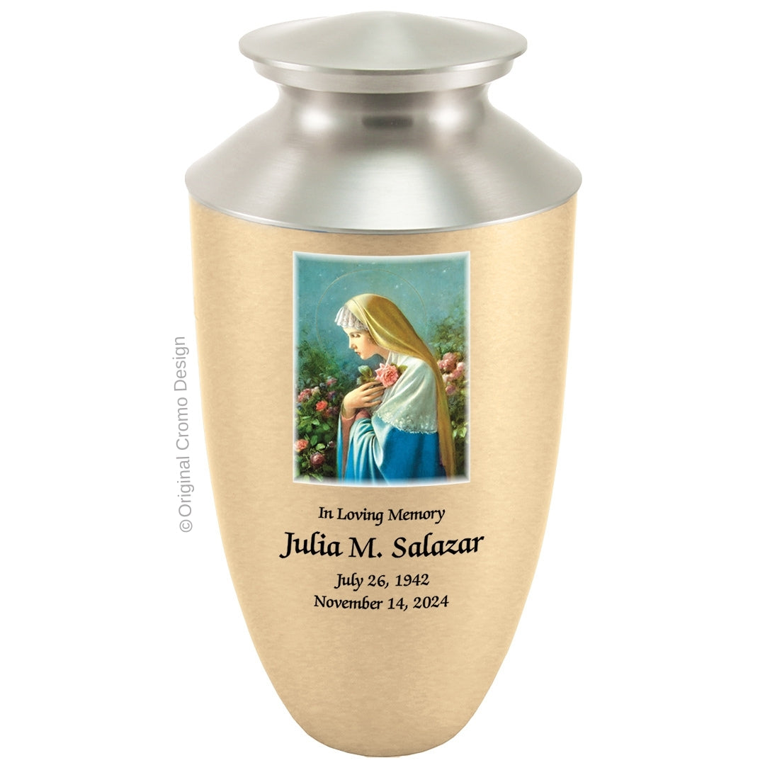 Catholic cremation urn with Mystical Rose Wood finish by Cromo NB