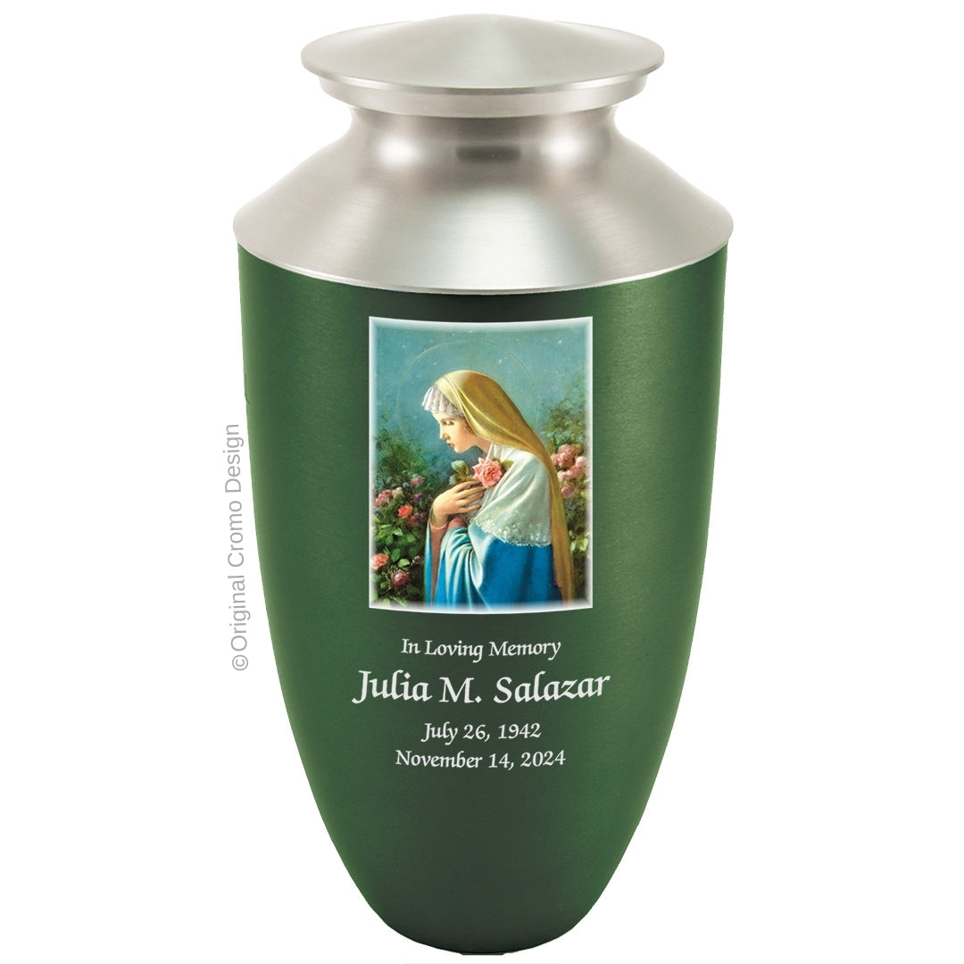 Catholic cremation urn with Mystical Rose Wood finish by Cromo NB
