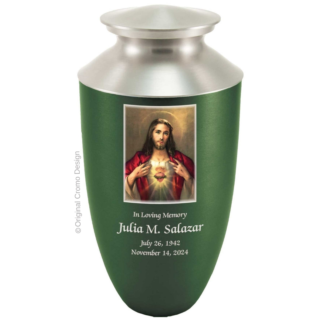 Catholic cremation urn with Sacred Heart of Jesus Wood finish by Cromo NB