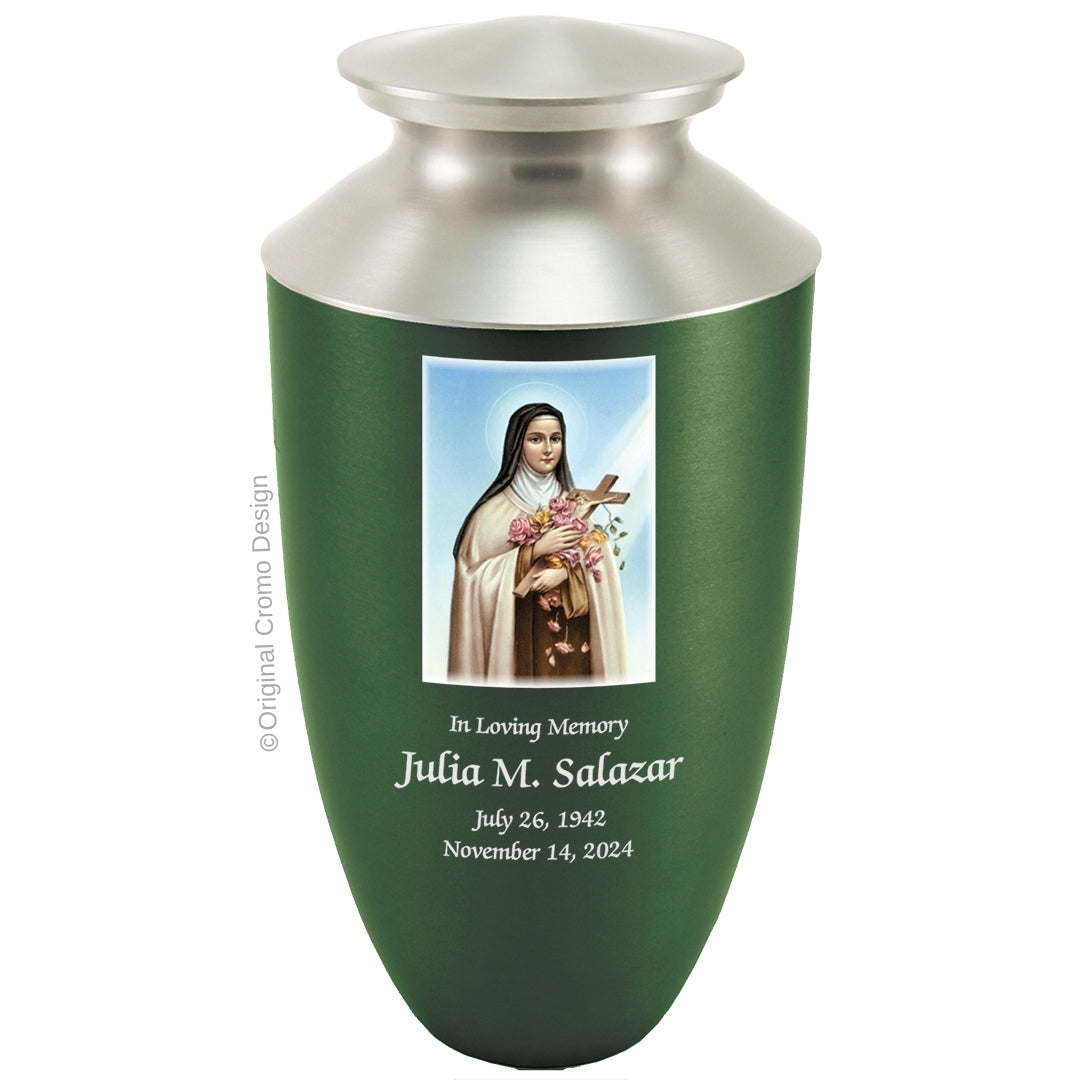 Catholic cremation urn with Saint Therese Wood finish by Cromo NB