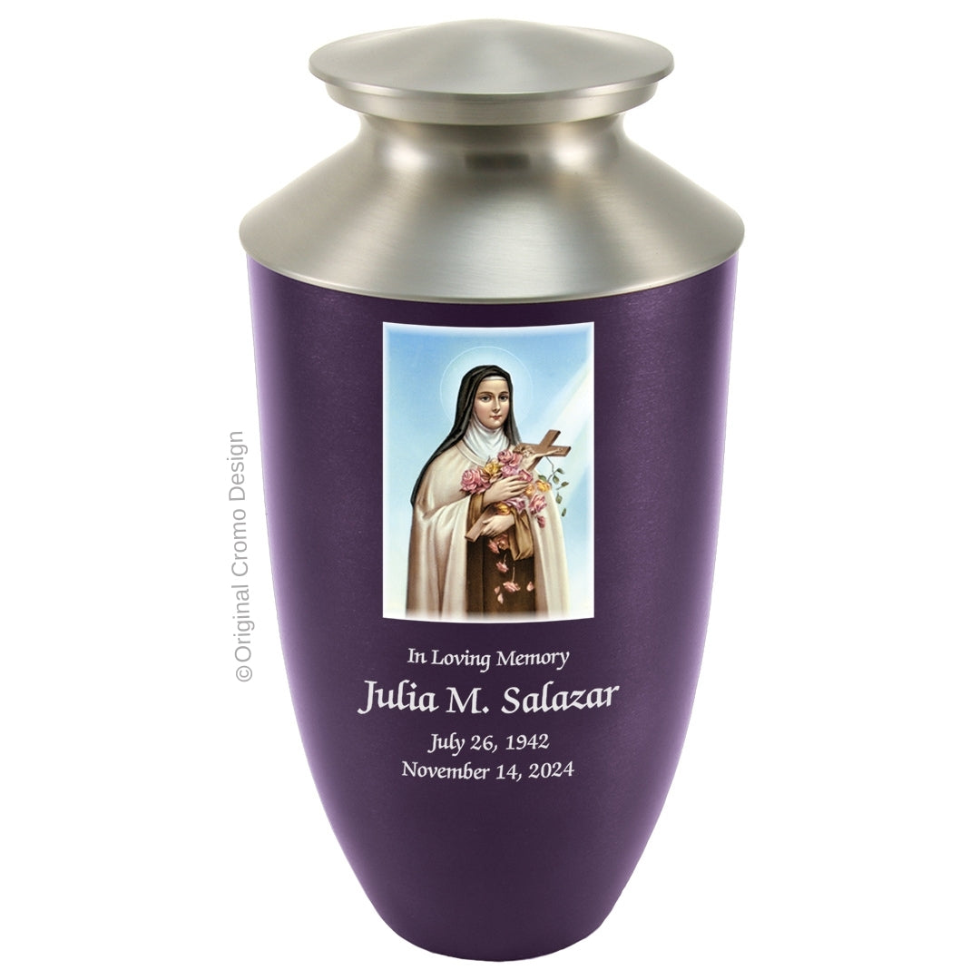 Catholic cremation urn with Saint Therese Wood finish by Cromo NB