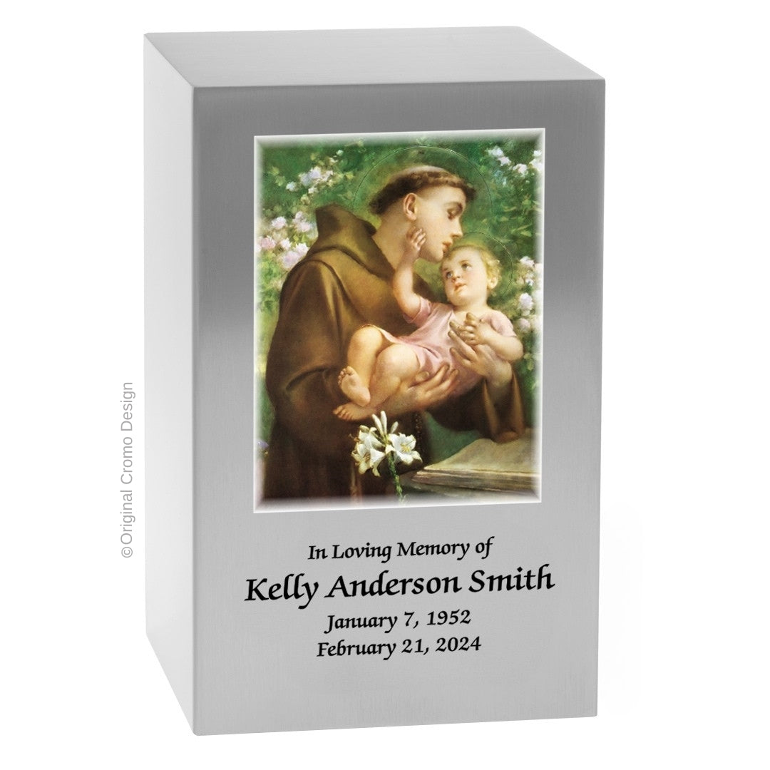 Catholic cremation urn with Saint Anthony Pewter finish by Cromo NB