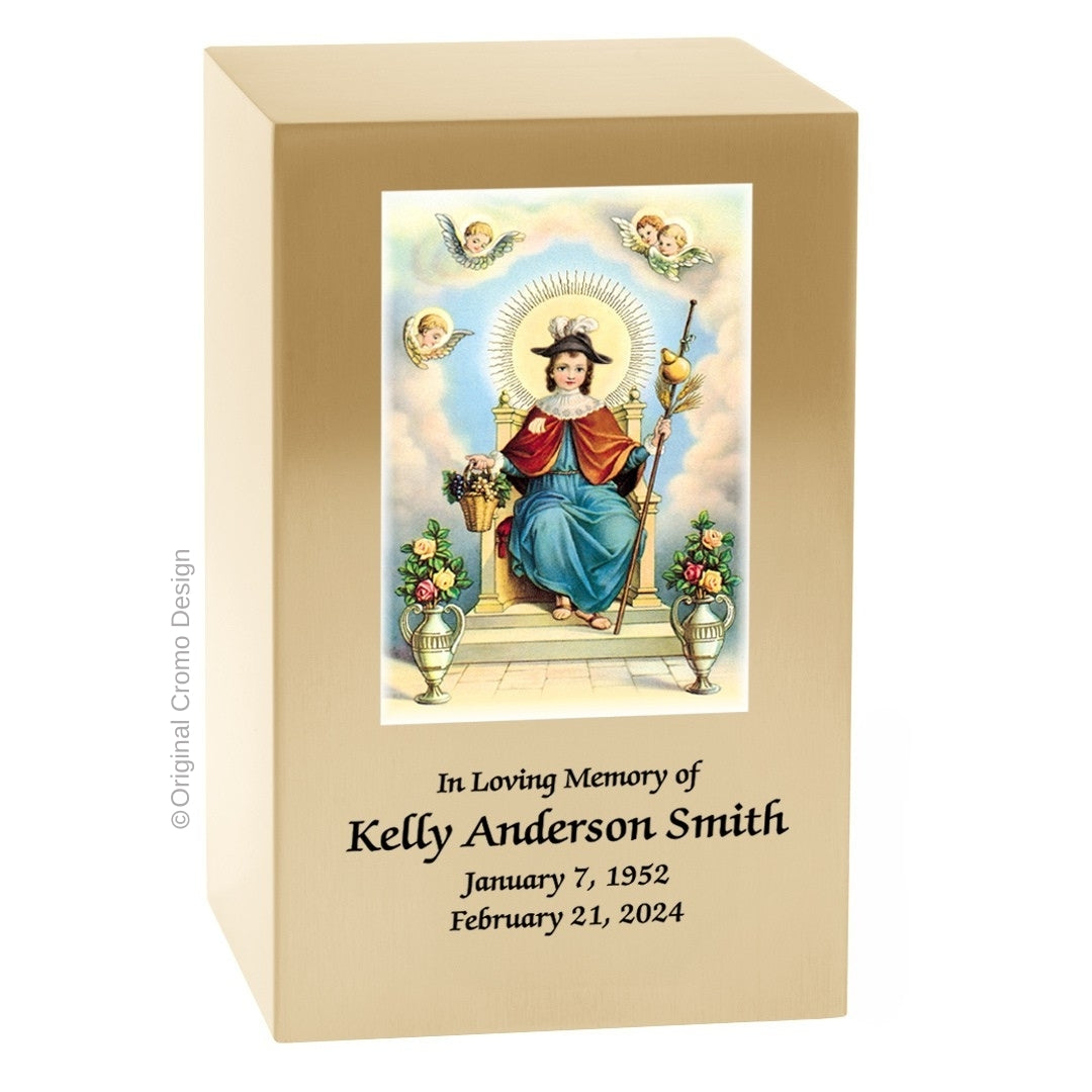 Catholic cremation urn with Child of Atocha Wood finish by Cromo NB