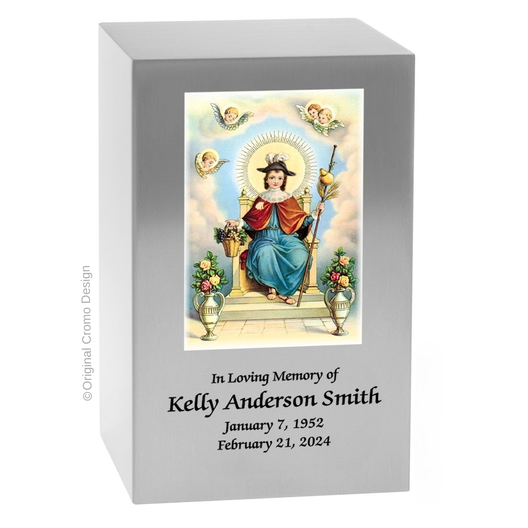 Catholic cremation urn with Child of Atocha Wood finish by Cromo NB