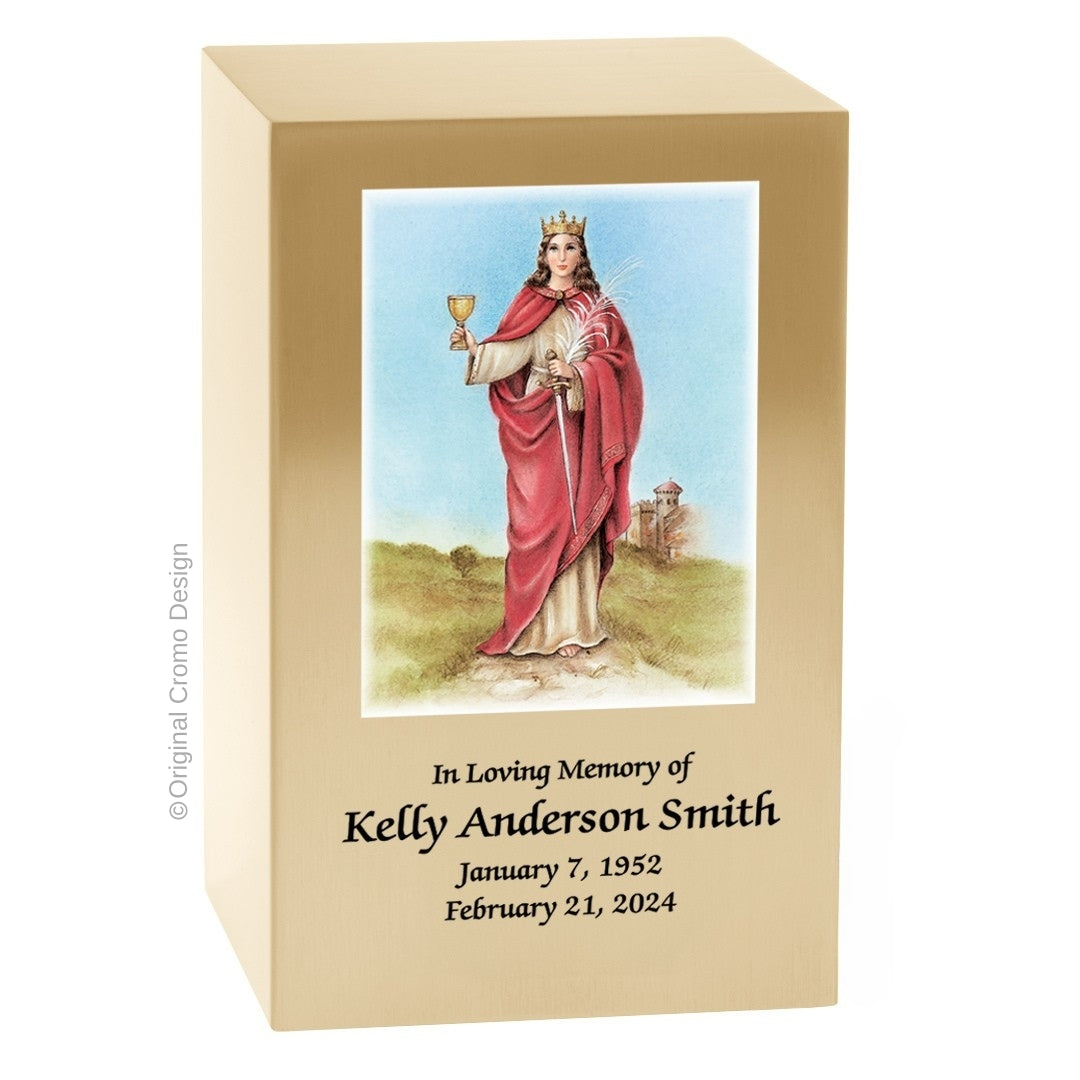 Catholic cremation urn with Our Lady of Santa Barbara Wood finish by Cromo NB