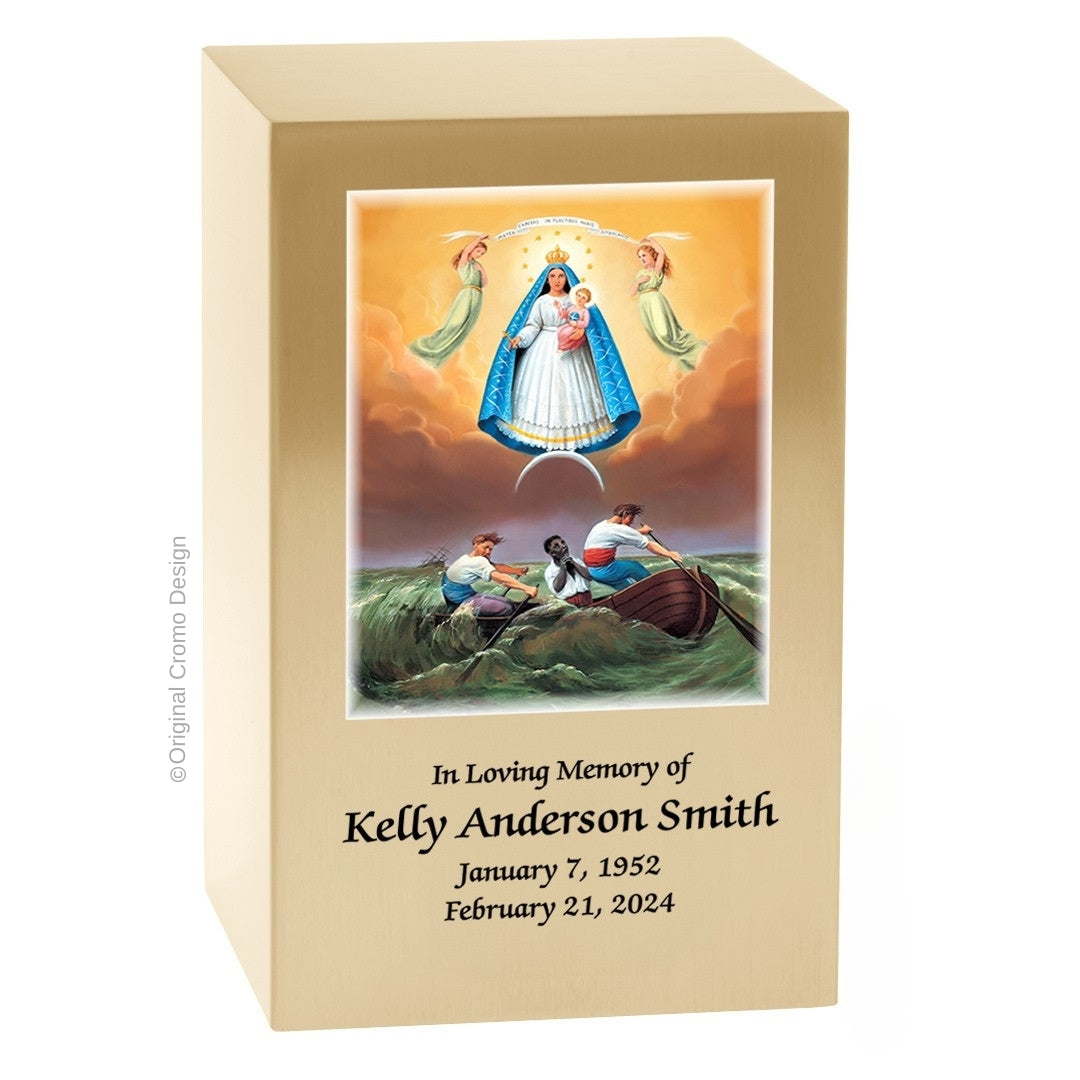 Catholic cremation urn with Our Lady of Charity Wood finish by Cromo NB