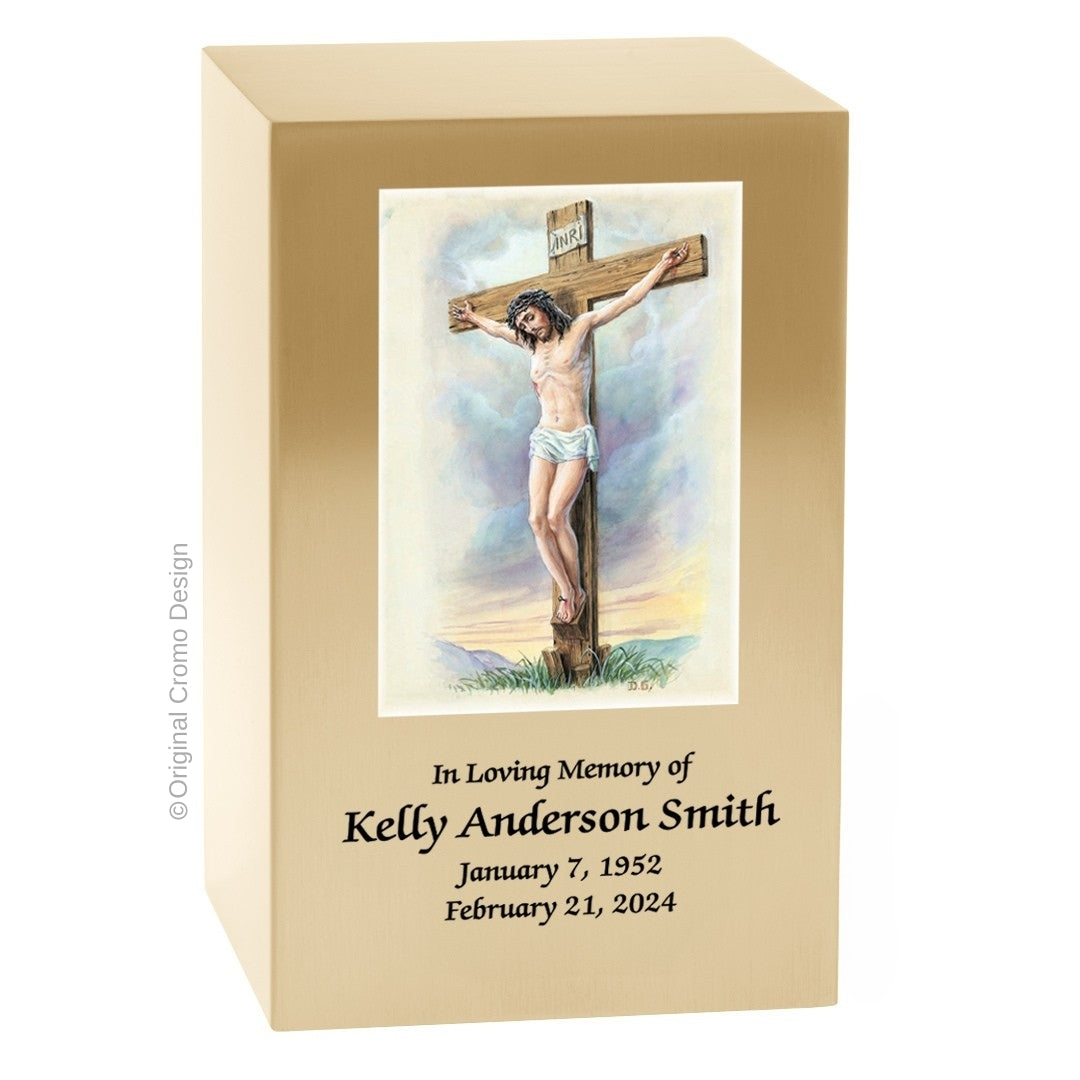 Catholic cremation urn with Crucifixion Wood finish by Cromo NB