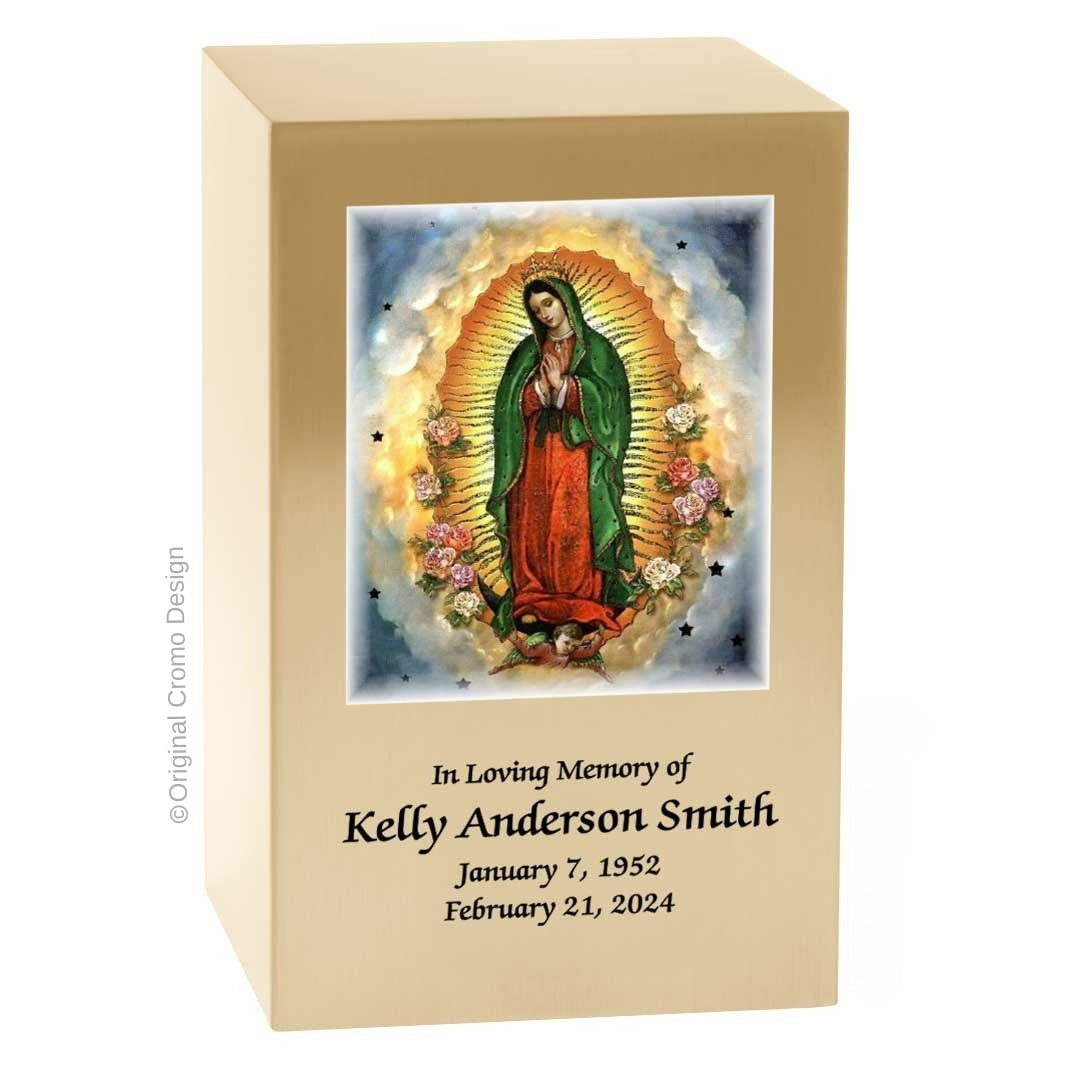 Catholic cremation urn with Our Lady of Guadalupe Wood finish by Cromo NB