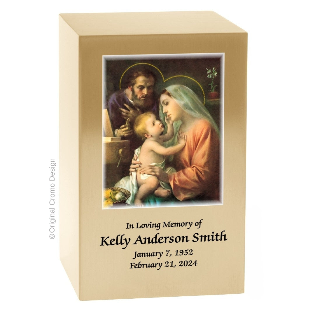 Catholic cremation urn with Holy Family Wood finish by Cromo NB