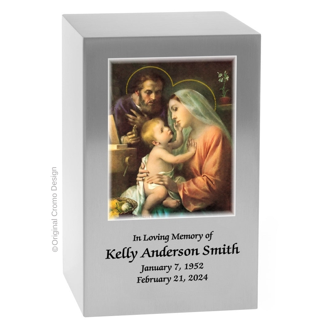 Catholic cremation urn with Holy Family Wood finish by Cromo NB