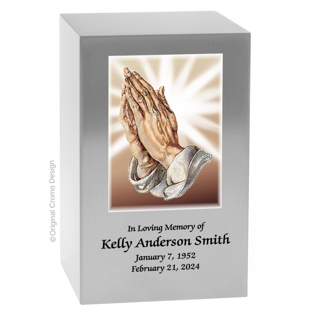 Catholic cremation urn with Praying Hands Wood finish by Cromo NB