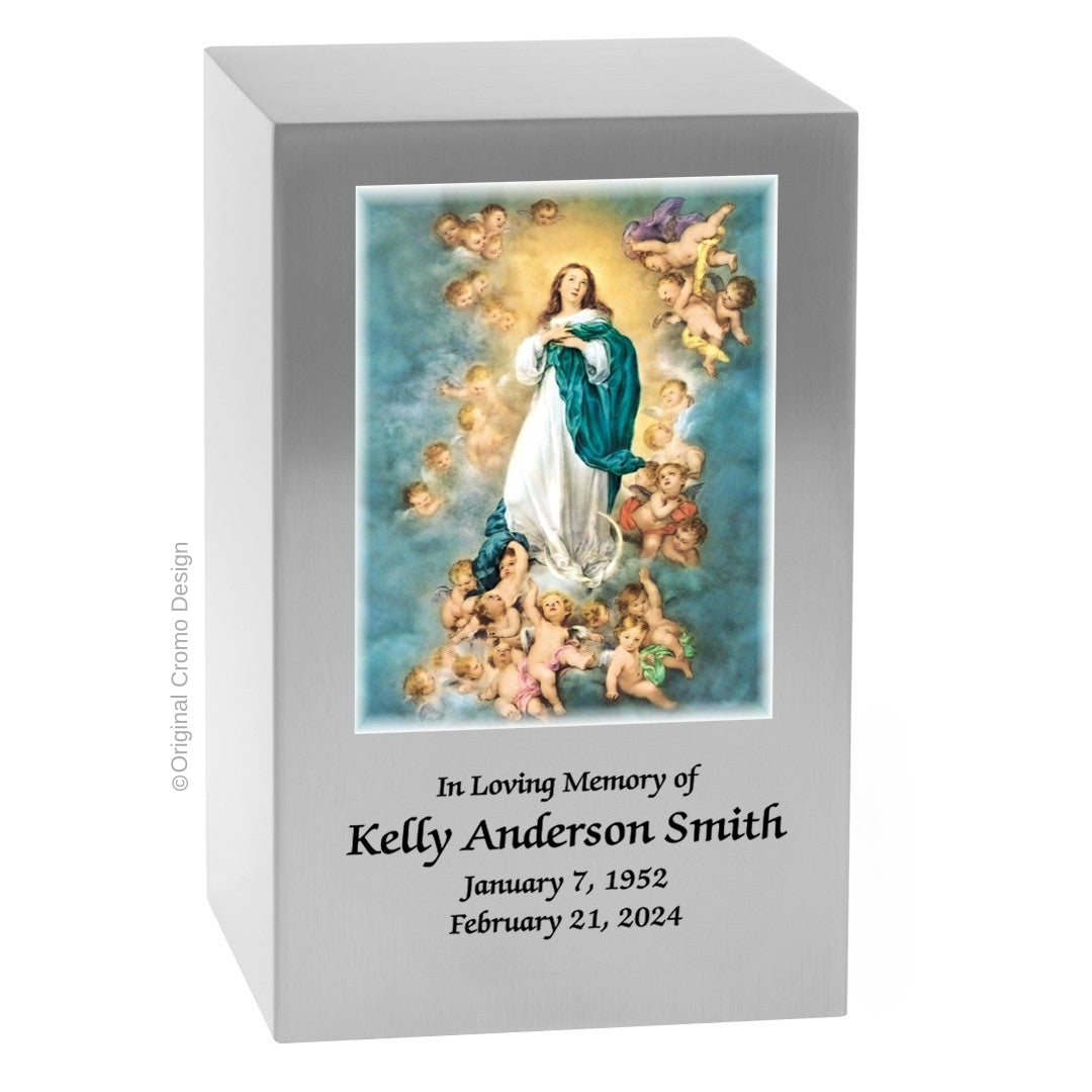 Catholic cremation urn with Immaculate Conception Wood finish by Cromo NB