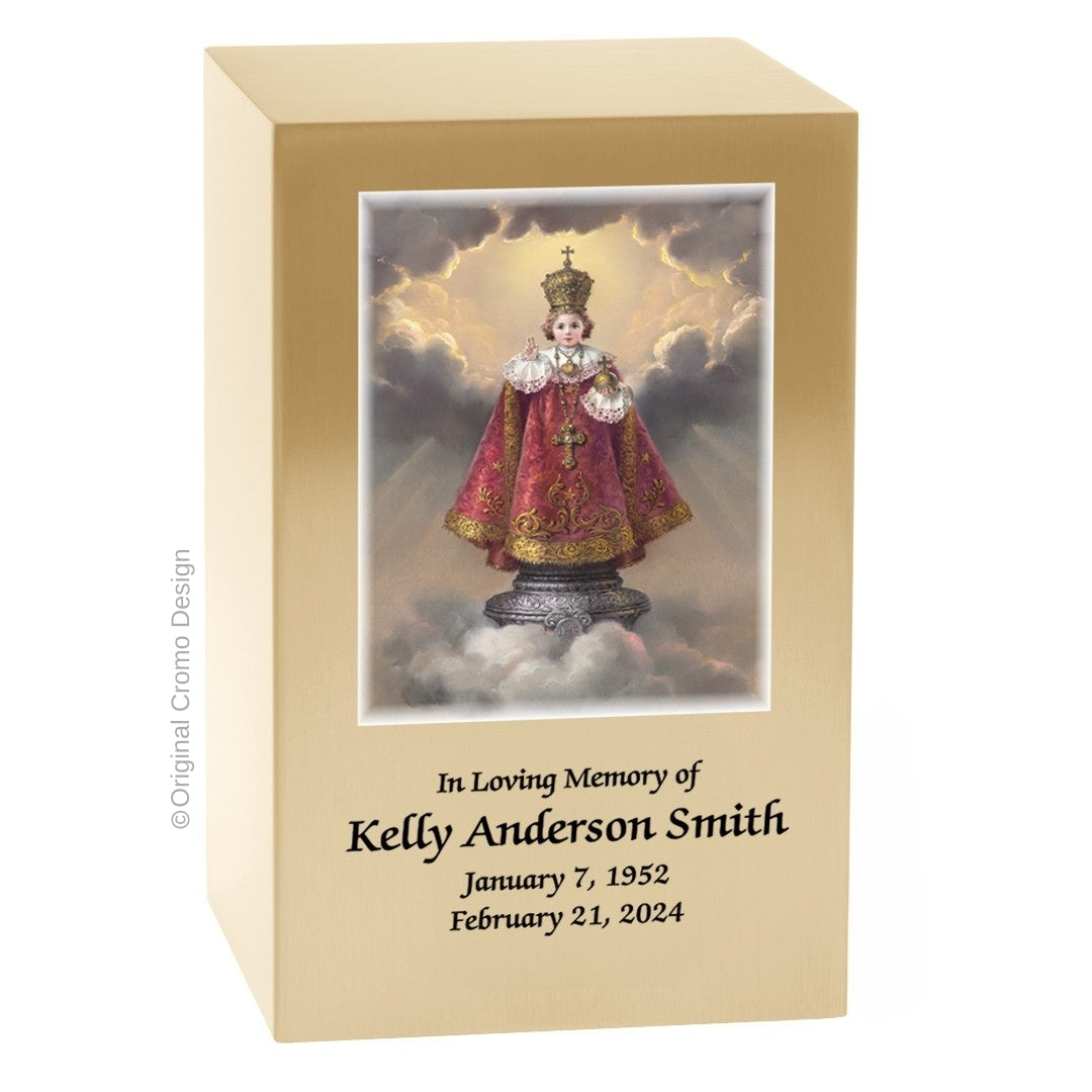 Catholic cremation urn with Infant of Prague Wood finish by Cromo NB