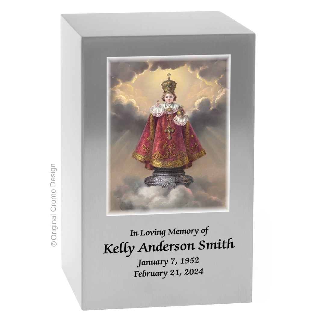 Catholic cremation urn with Infant of Prague Wood finish by Cromo NB