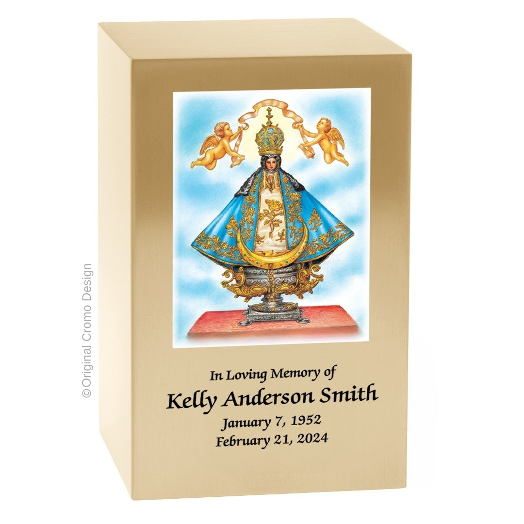 Catholic cremation urn with Our Lady of San Juan de Lagos Wood finish by Cromo NB