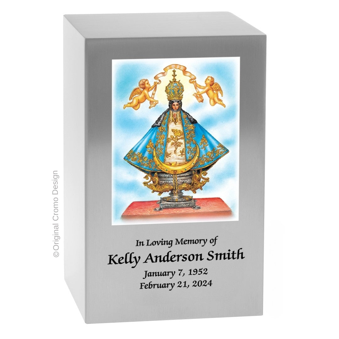 Catholic cremation urn with Our Lady of San Juan de Lagos Wood finish by Cromo NB