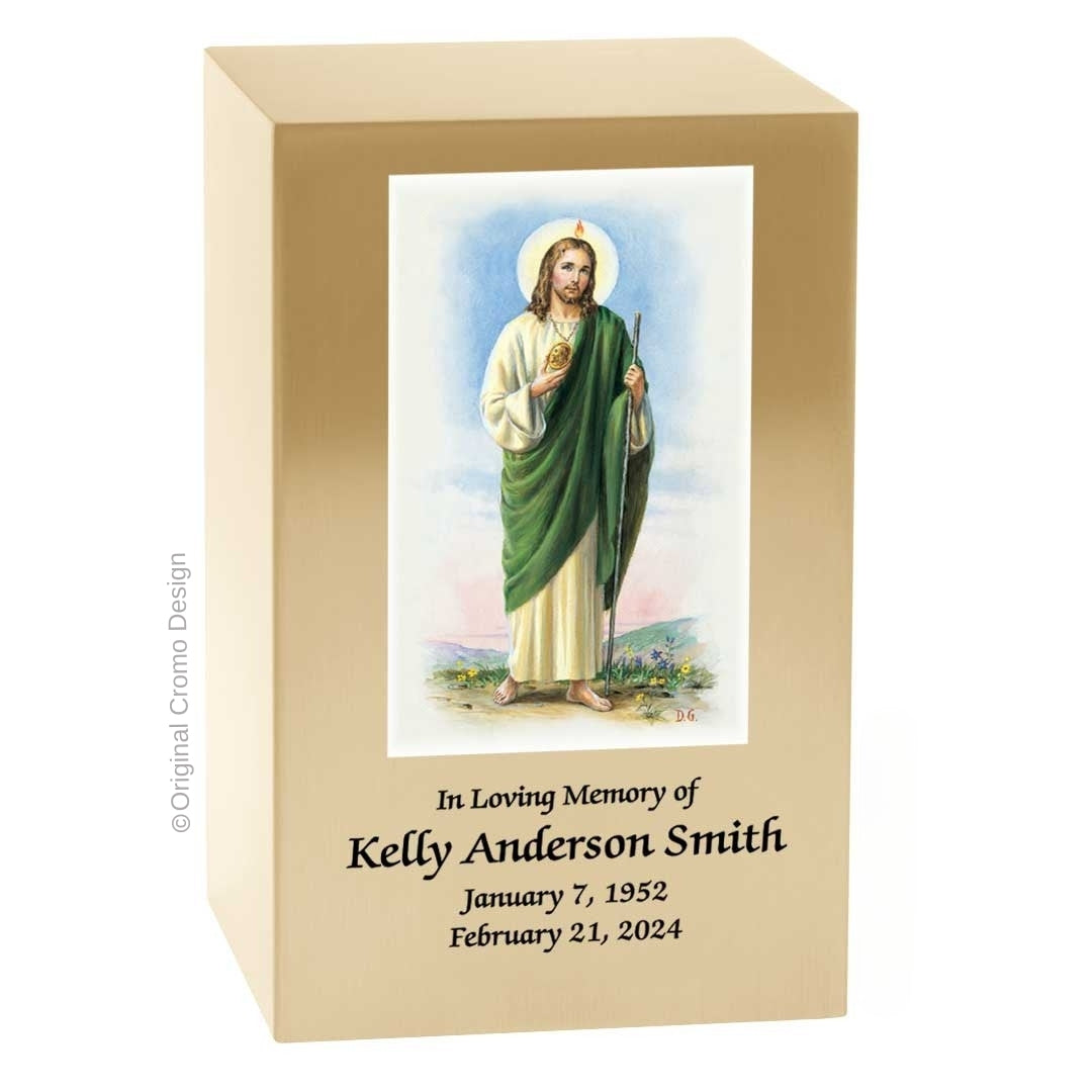 Catholic cremation urn with Saint Jude Wood finish by Cromo NB