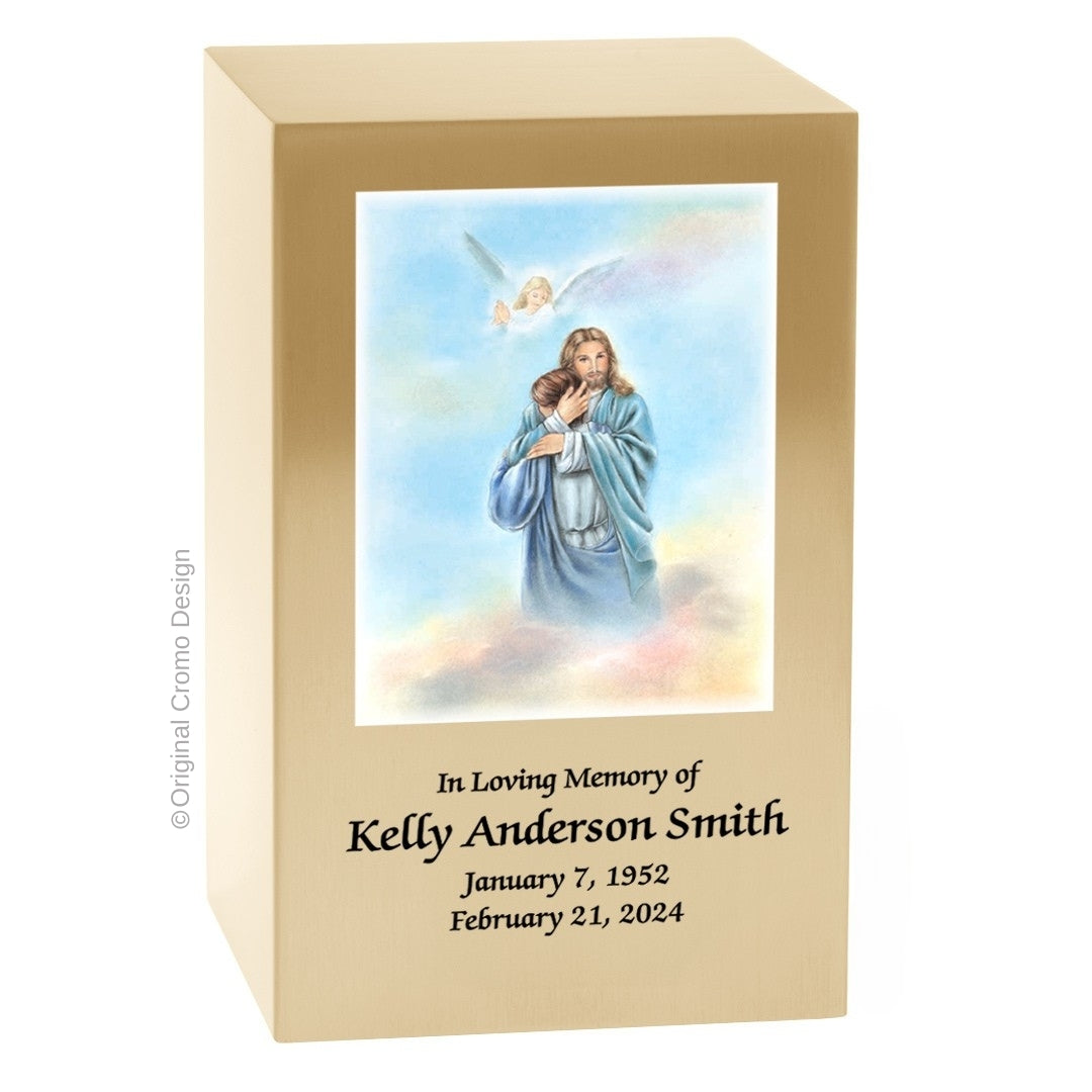 Catholic cremation urn with Paradise Jesus Hugging Wood finish by Cromo NB