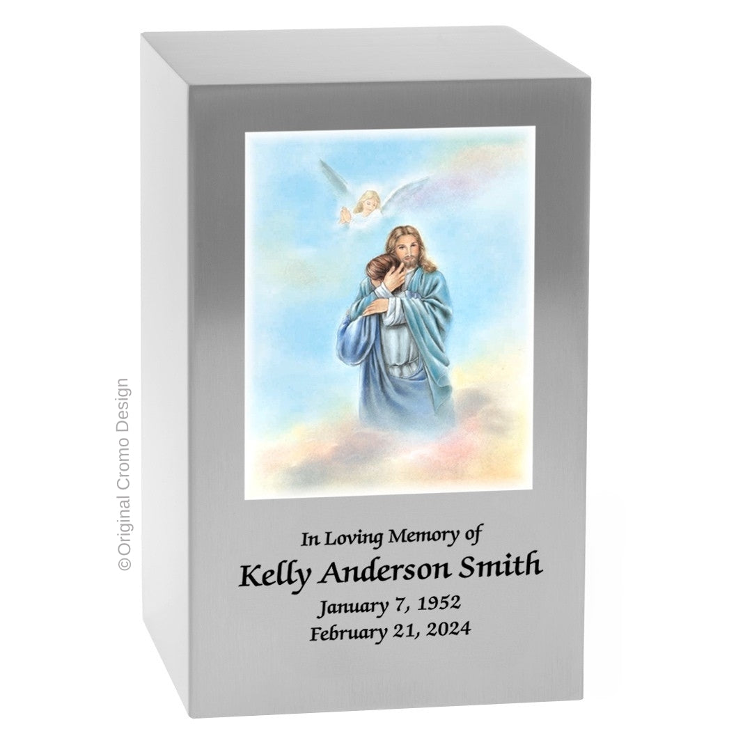 Catholic cremation urn with Paradise Jesus Hugging Wood finish by Cromo NB