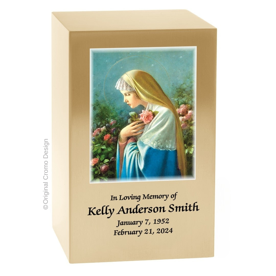 Catholic cremation urn with Mystical Rose Wood finish by Cromo NB