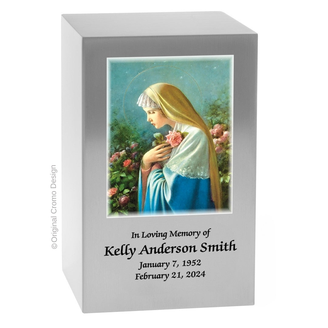 Catholic cremation urn with Mystical Rose Wood finish by Cromo NB