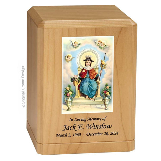 Catholic cremation urn with Child of Atocha  Wood finish by Cromo NB