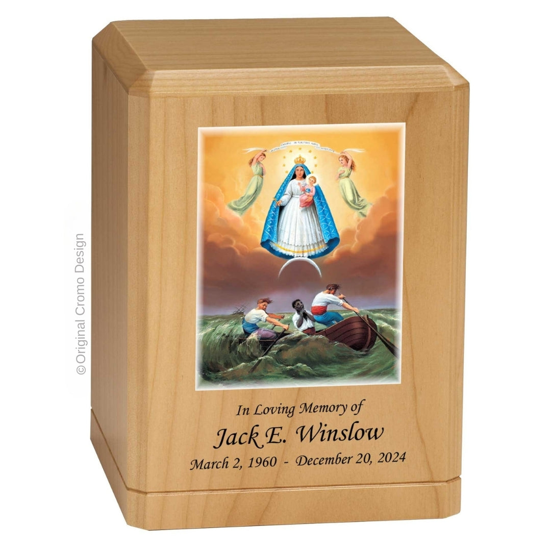 Catholic cremation urn with Our Lady of Charity  Wood finish by Cromo NB