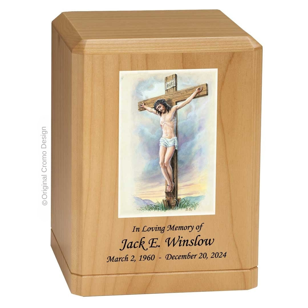 Catholic cremation urn with Crucifixion  Wood finish by Cromo NB