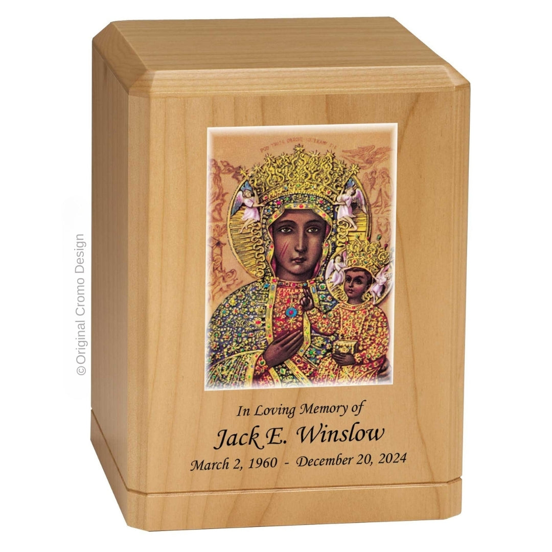 Catholic cremation urn with Our Lady of Czetechowa  Wood finish by Cromo NB