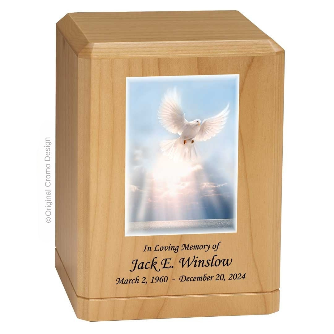 Catholic cremation urn with White Dove  Wood finish by Cromo NB