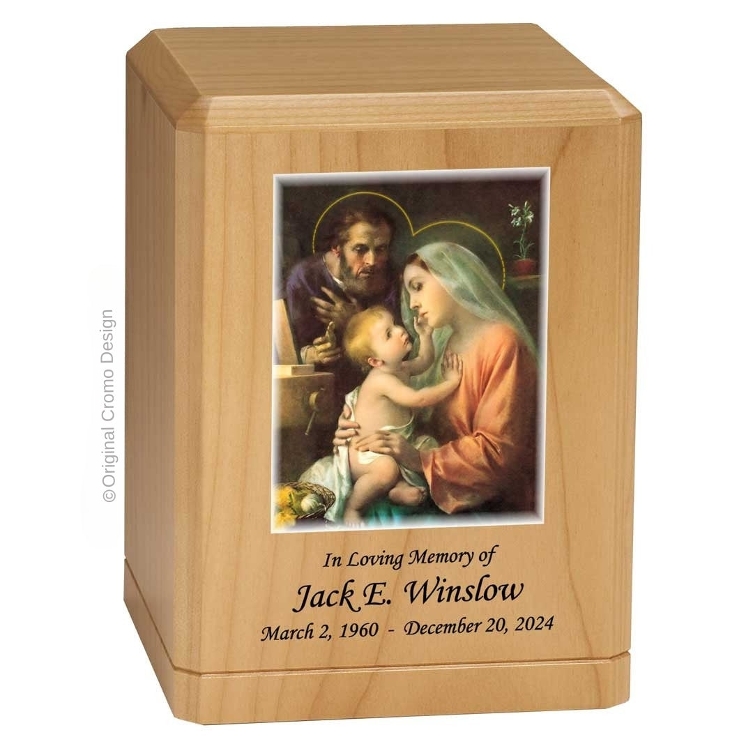 Catholic cremation urn with Holy Family  Wood finish by Cromo NB