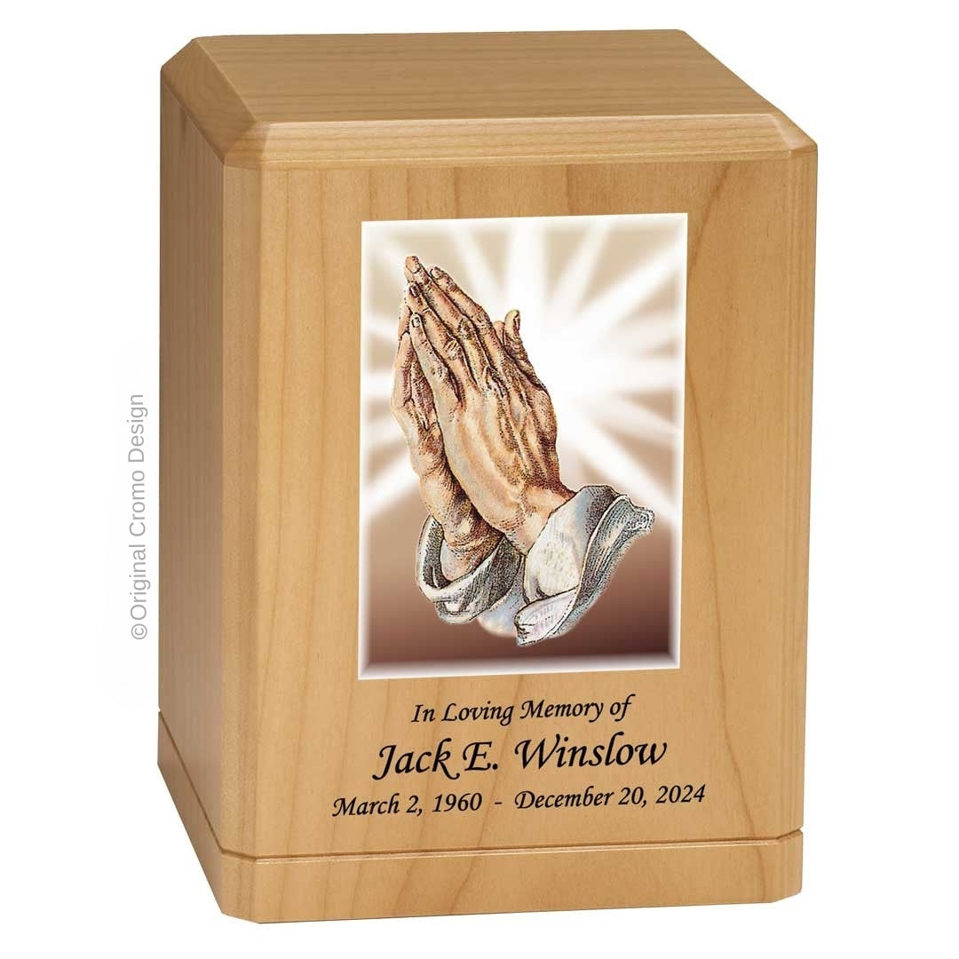Catholic cremation urn with Praying Hands  Wood finish by Cromo NB