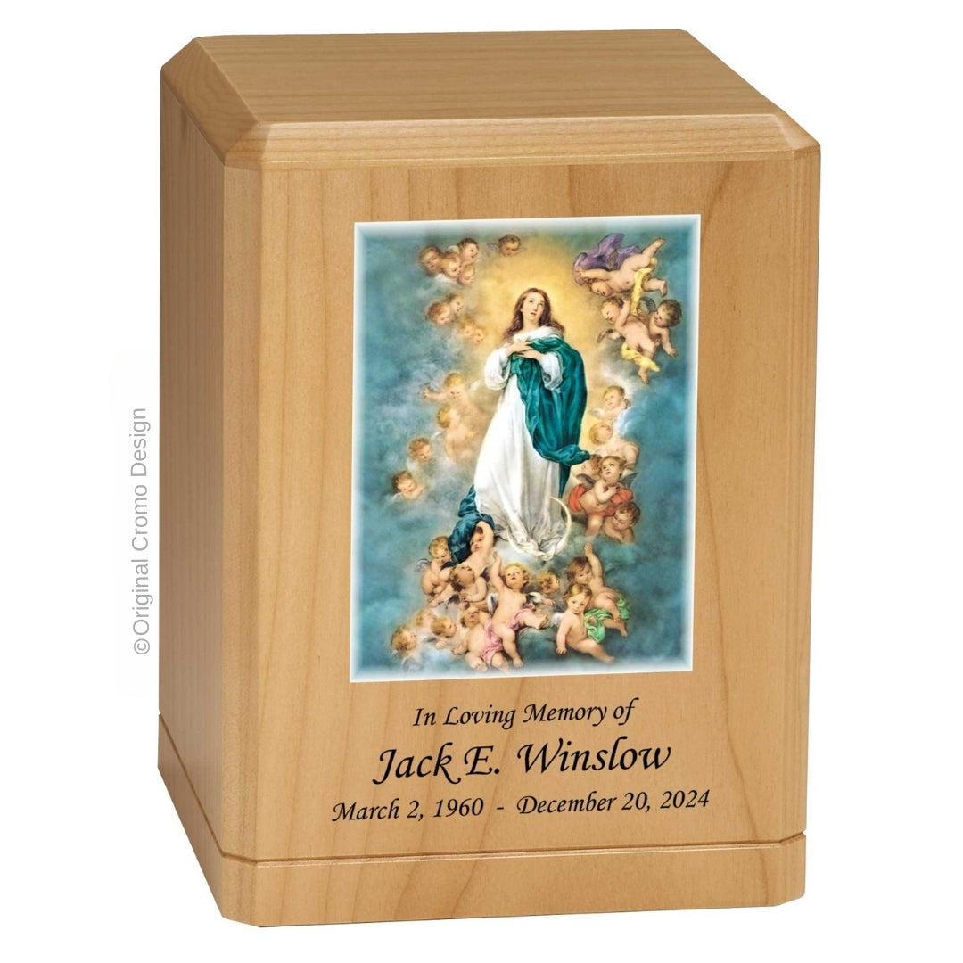 Catholic cremation urn with Immaculate Conception  Wood finish by Cromo NB