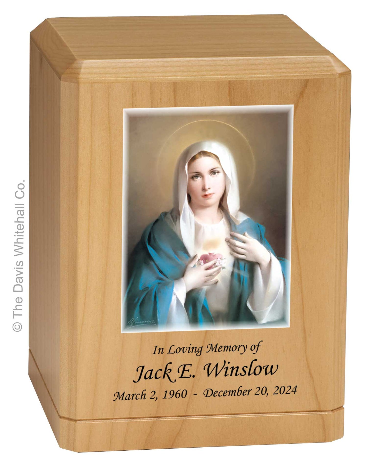 Catholic cremation urn with Immaculate Heart of Mary  Wood finish by Cromo NB
