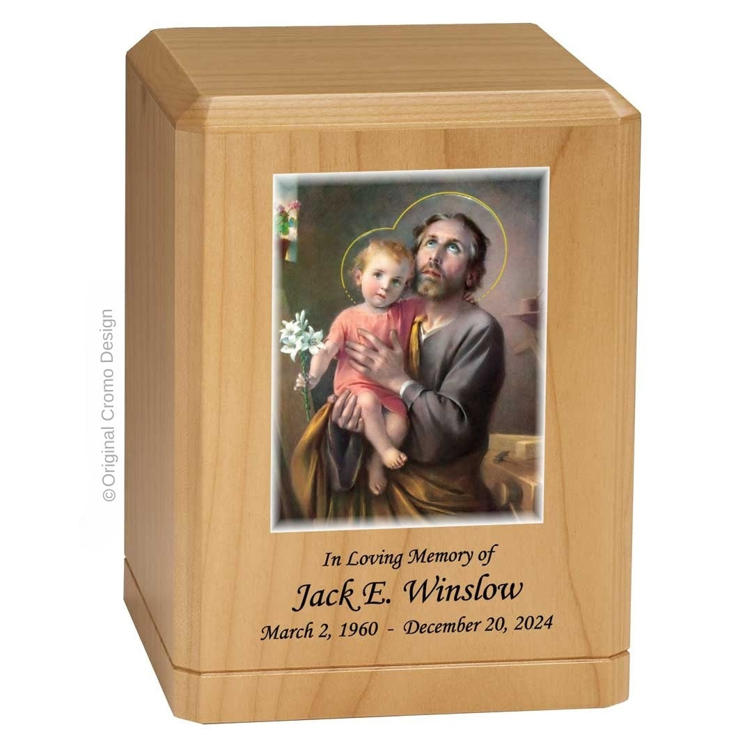 Catholic cremation urn with Saint Joseph  Wood finish by Cromo NB