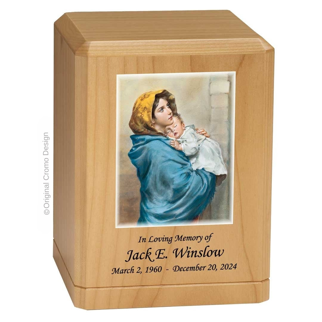Catholic cremation urn with Madonna of The Street  Wood finish by Cromo NB
