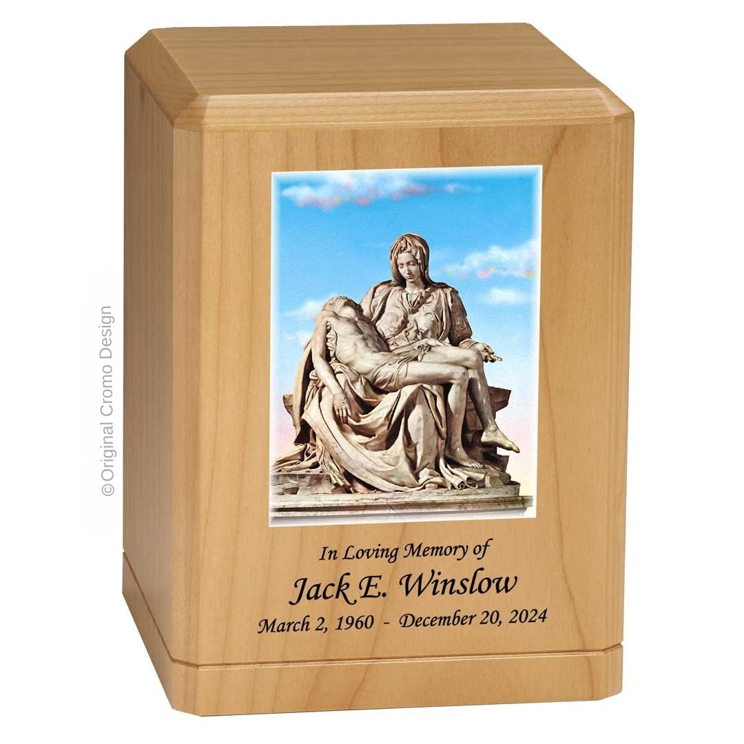 Catholic cremation urn with Pieta Michelangelo  Wood finish by Cromo NB
